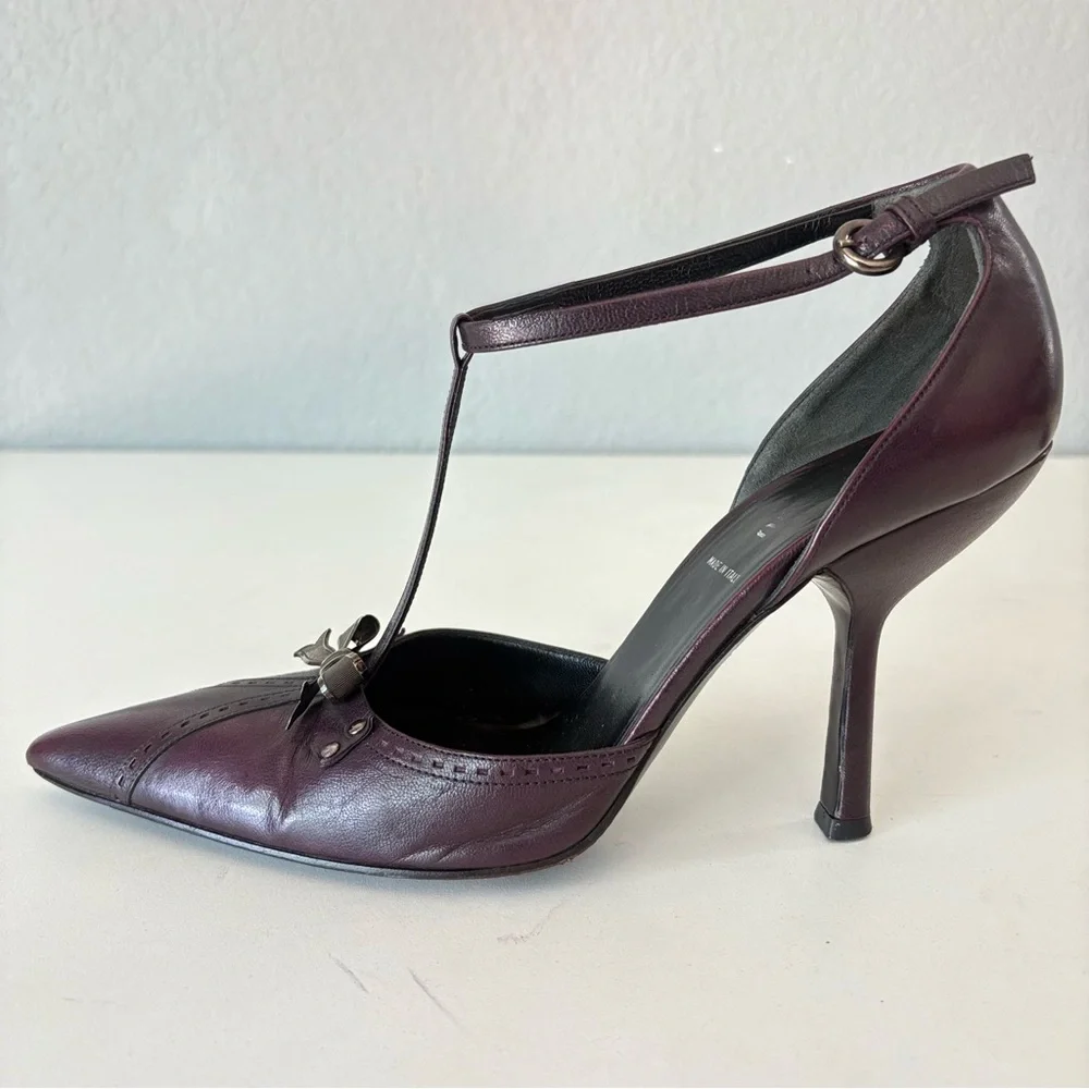 Miu Miu Dark Burgundy Leather Ankle Strap Pointed Toe Women’s Pump Heels US Sz 7 - Picture 12 of 13